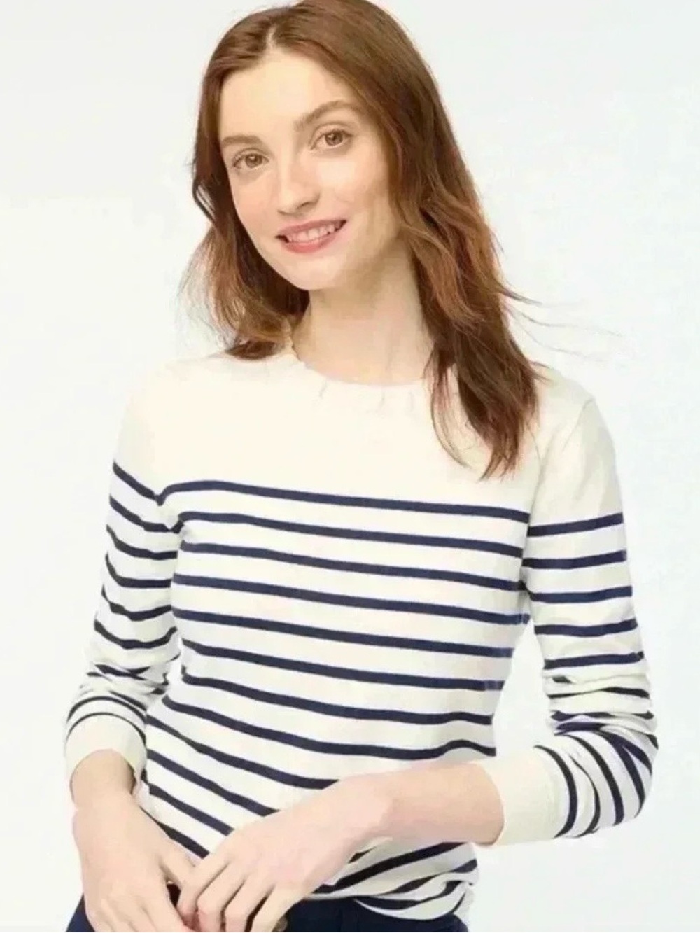 J Crew Sweater Women's Large Striped Round Neck Ruffle Knit Nautical Cotton